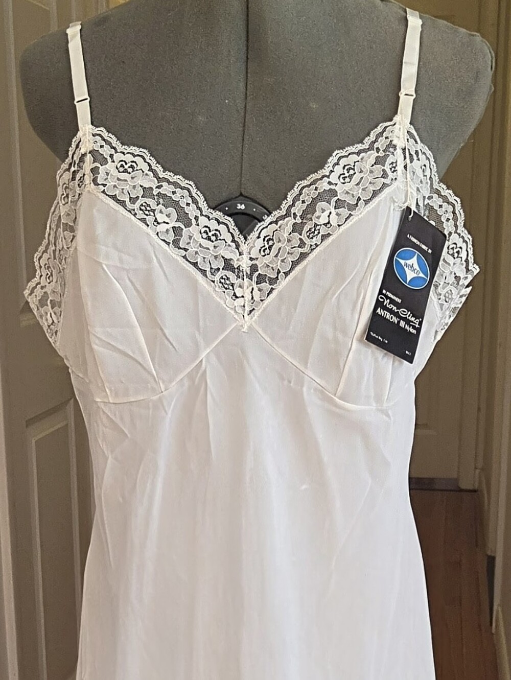 Vintage 1970 NEW w/ Tag Nylon Antron III Full Dress Slip Lace Lingerie USA White